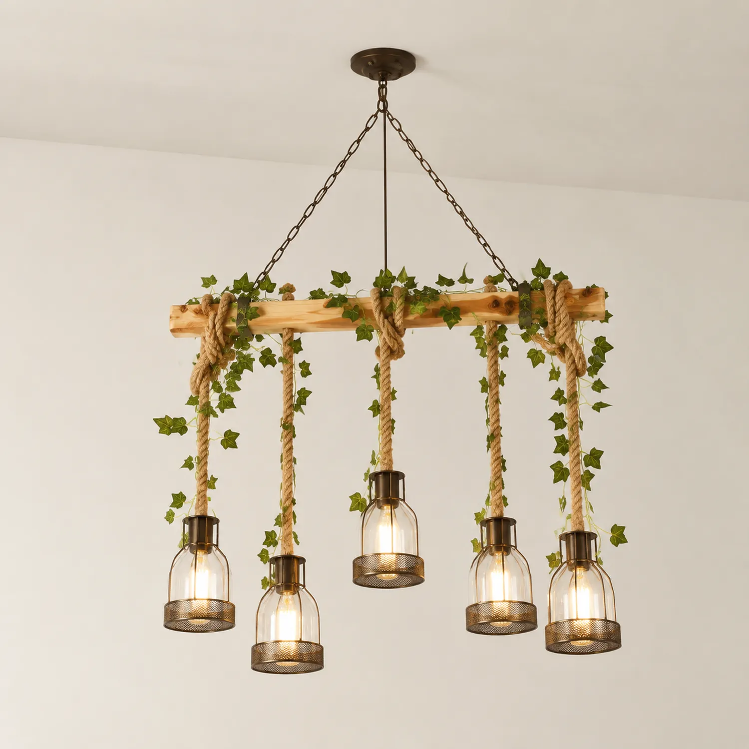 Alessio Retro Pendelleuchte aus Glas & Holz, 3/5-flammig - Lumpaz