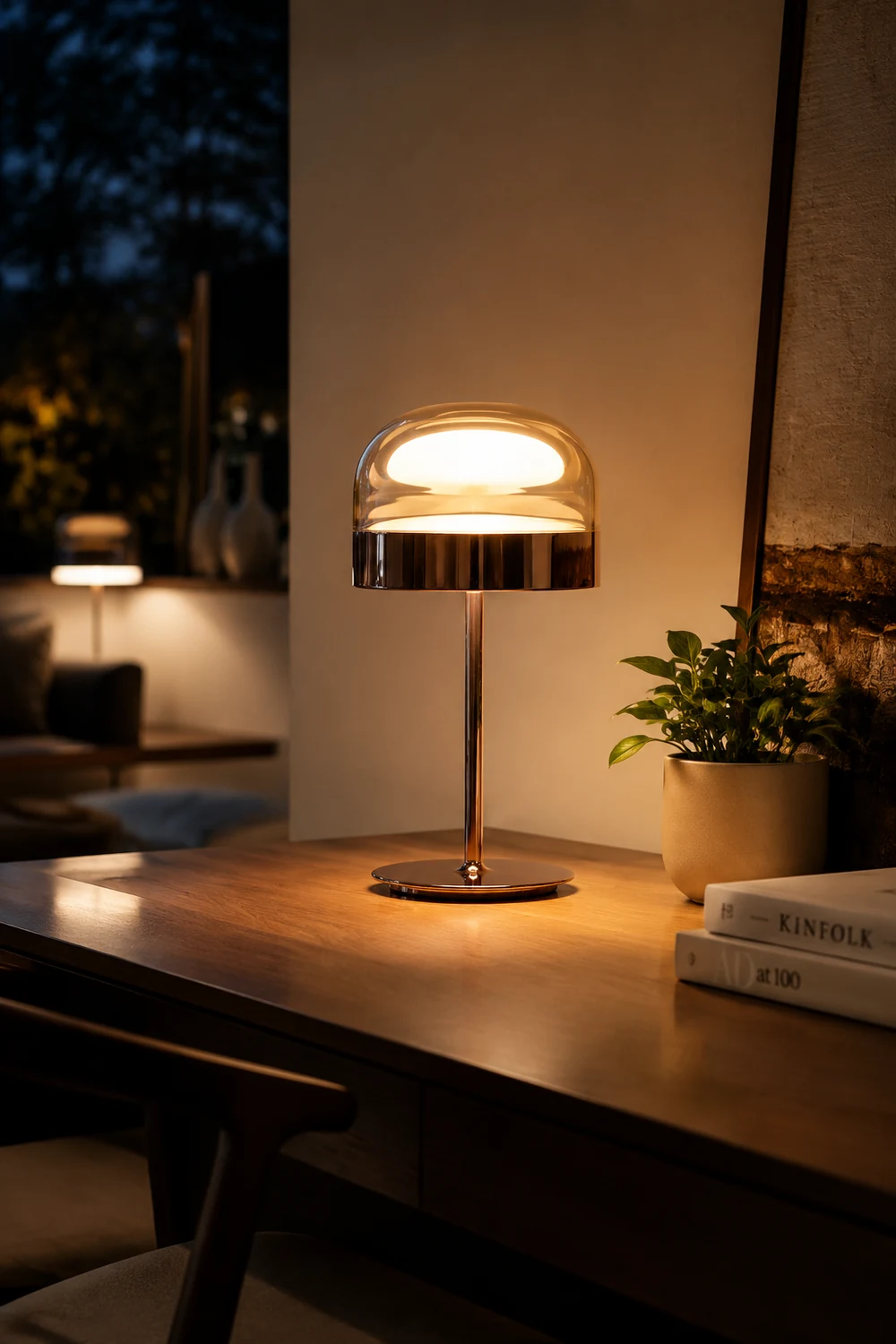 Hailie Minimalistische Pilz Glas/Metall Tischlampe, Schwarz/Rose Gold - Lumpaz
