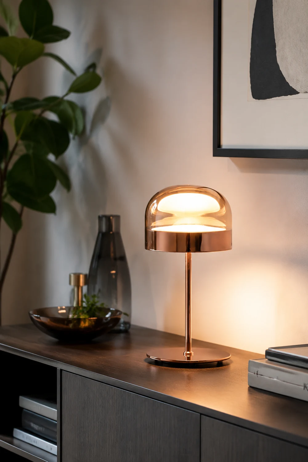 Hailie Minimalistische Pilz Glas/Metall Tischlampe, Schwarz/Rose Gold - Lumpaz