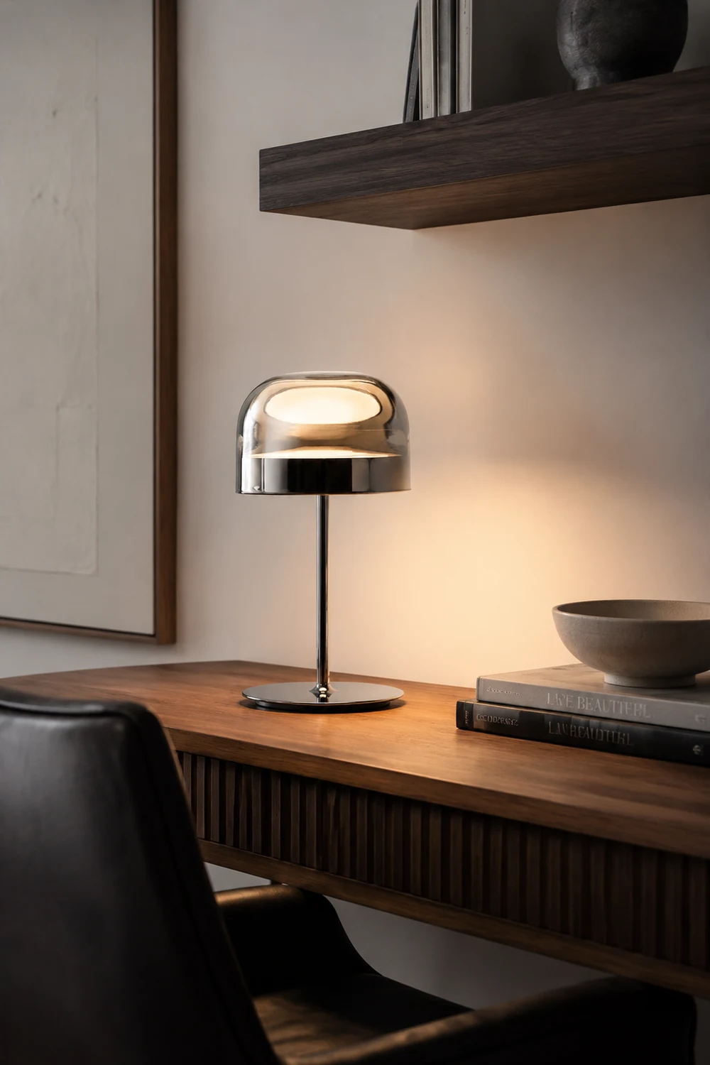 Hailie Minimalistische Pilz Glas/Metall Tischlampe, Schwarz/Rose Gold - Lumpaz