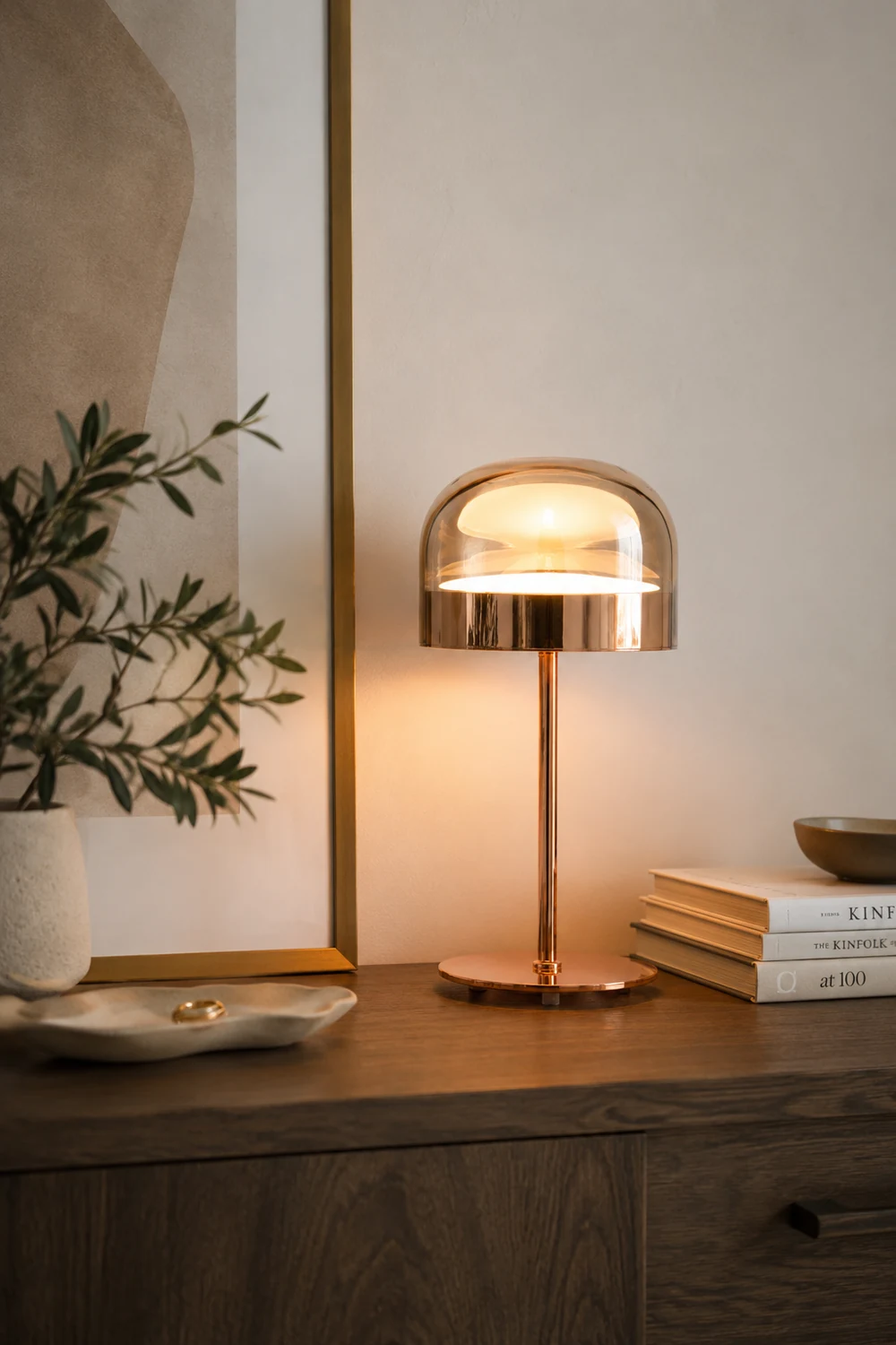 Hailie Minimalistische Pilz Glas/Metall Tischlampe, Schwarz/Rose Gold - Lumpaz