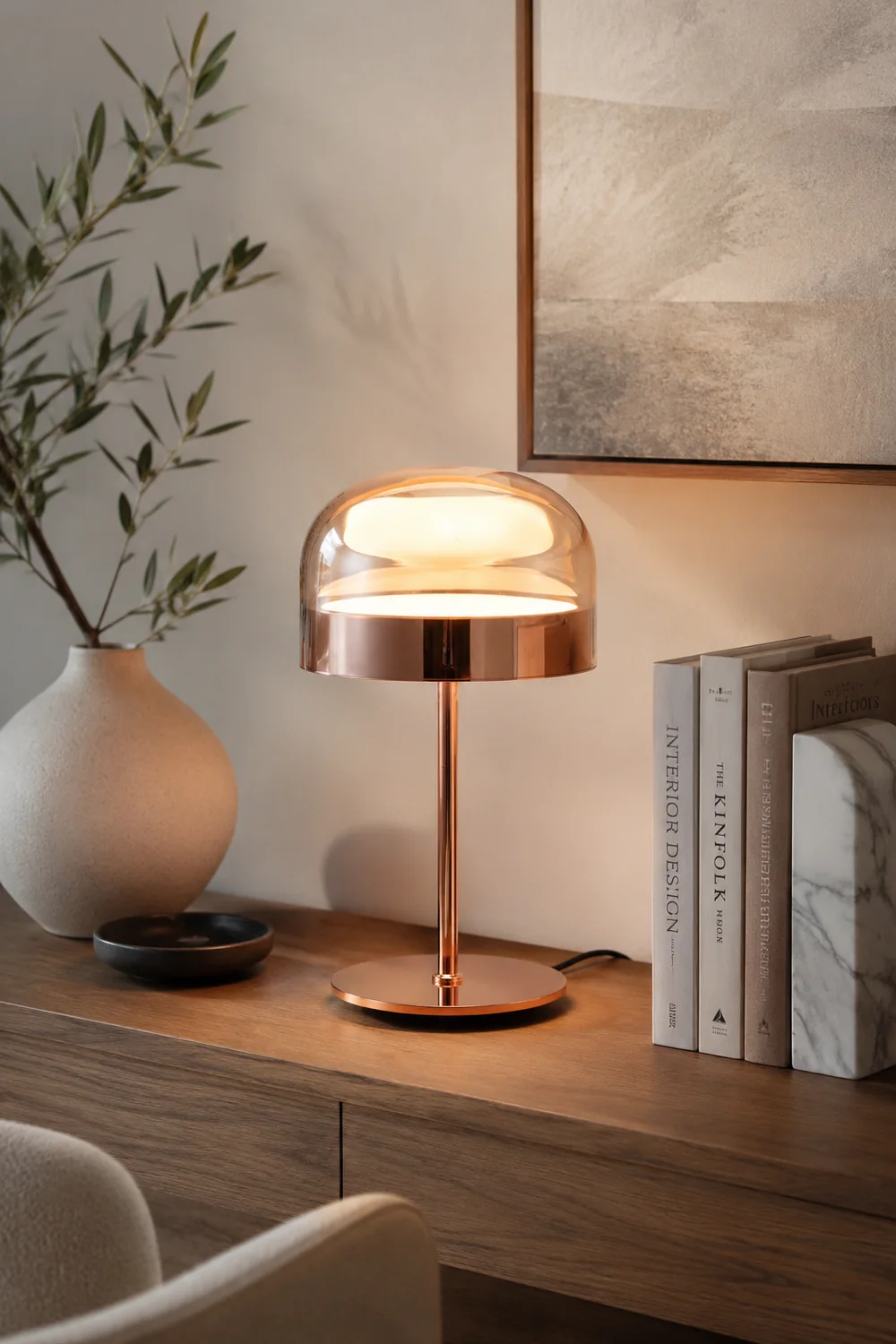 Hailie Minimalistische Pilz Glas/Metall Tischlampe, Schwarz/Rose Gold - Lumpaz