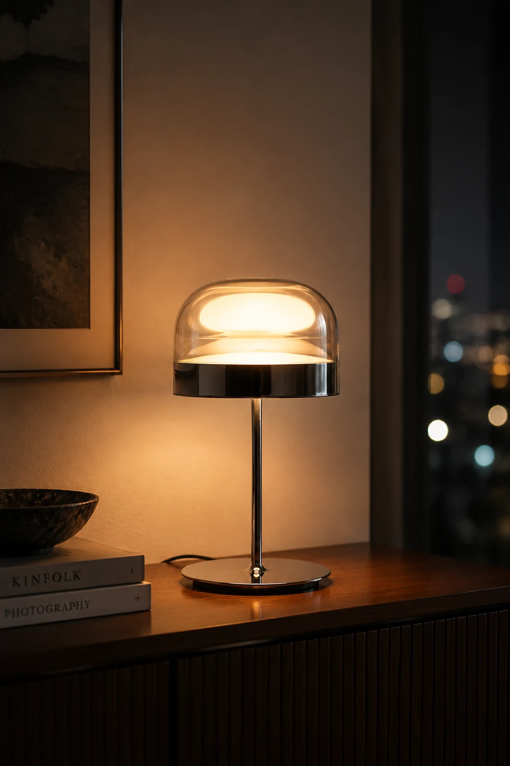 Hailie Minimalistische Pilz Glas/Metall Tischlampe, Schwarz/Rose Gold - Lumpaz