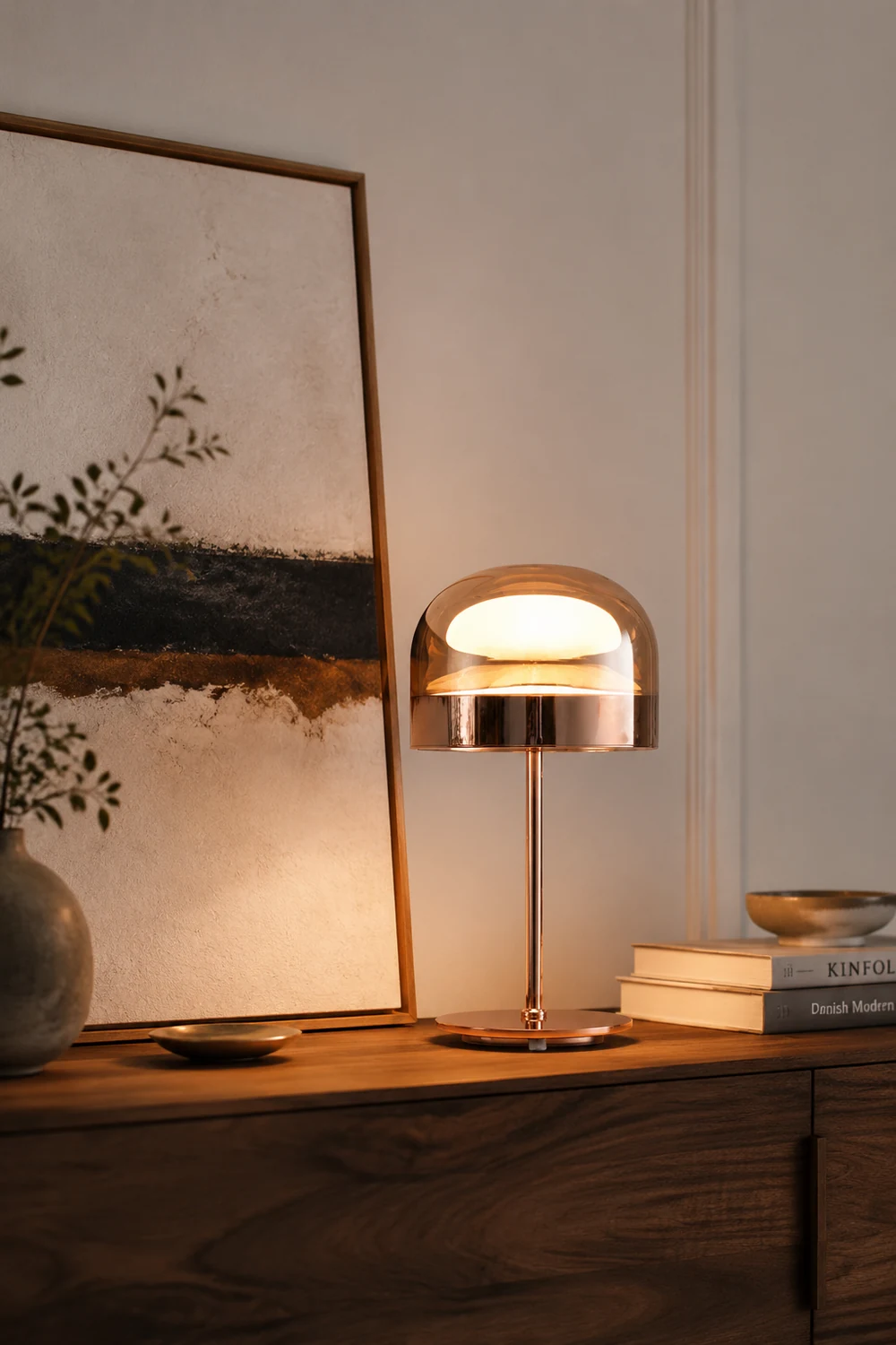 Hailie Minimalistische Pilz Glas/Metall Tischlampe, Schwarz/Rose Gold - Lumpaz