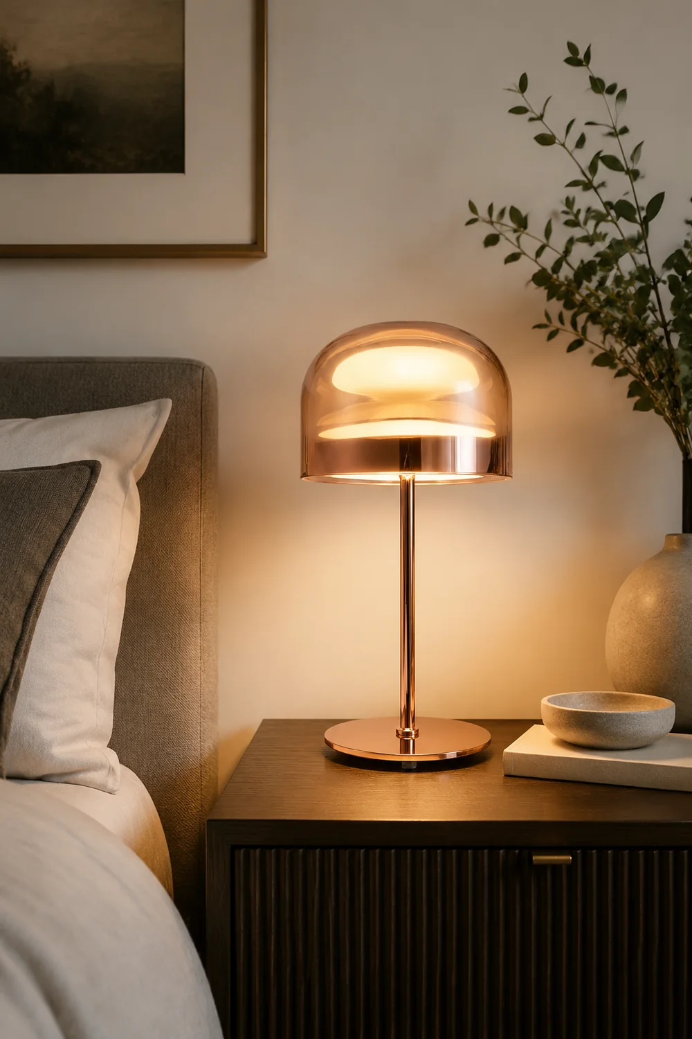 Hailie Minimalistische Pilz Glas/Metall Tischlampe, Schwarz/Rose Gold - Lumpaz