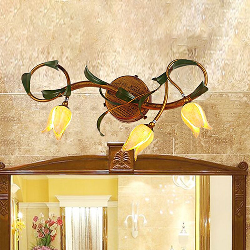 Félicie Gelbe Blume Spiegel Front Bell Shade Vanity Wandleuchte, 3/5-flammig - Cueteks