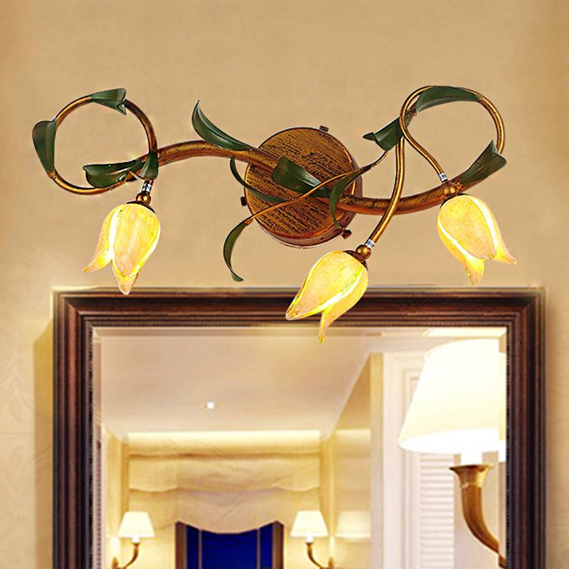 Félicie Gelbe Blume Spiegel Front Bell Shade Vanity Wandleuchte, 3/5-flammig - Cueteks