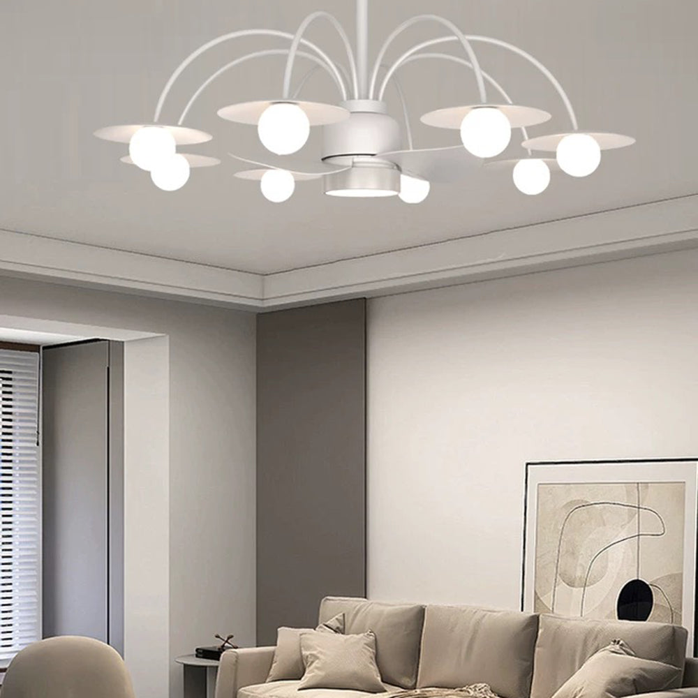 Carins fan light with illuminated globes in a living room