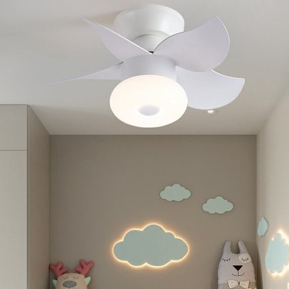 White Morandi fan with an illuminated round light above a room with cloud wall decorations
