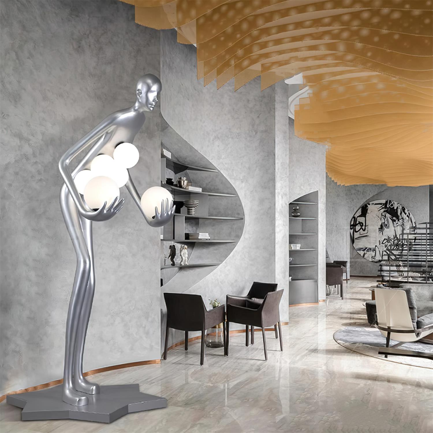 Silver figure with glowing white globes beside gray arches and chairs on a marble floor