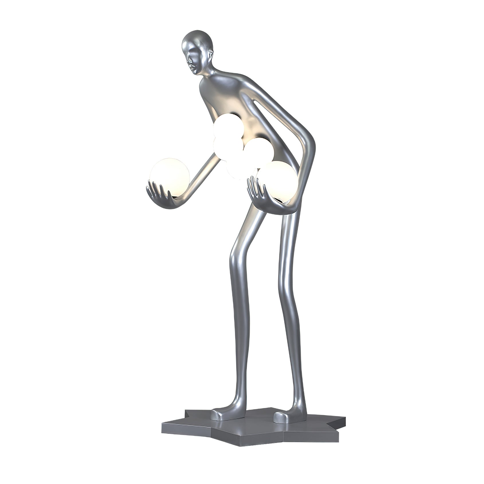 Silver leaning human-figure lamp with white globe cluster and angular star-shaped base on white