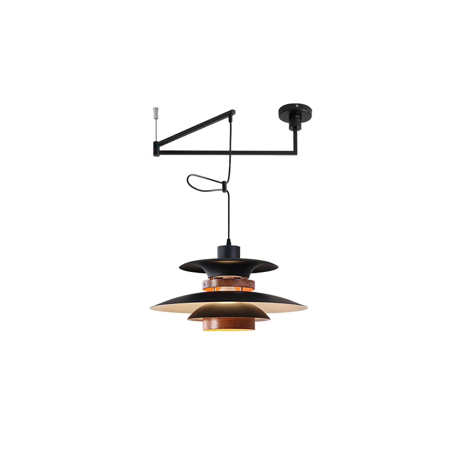 Black & Walnut wood Mercero finish with layered shade and ceiling arm