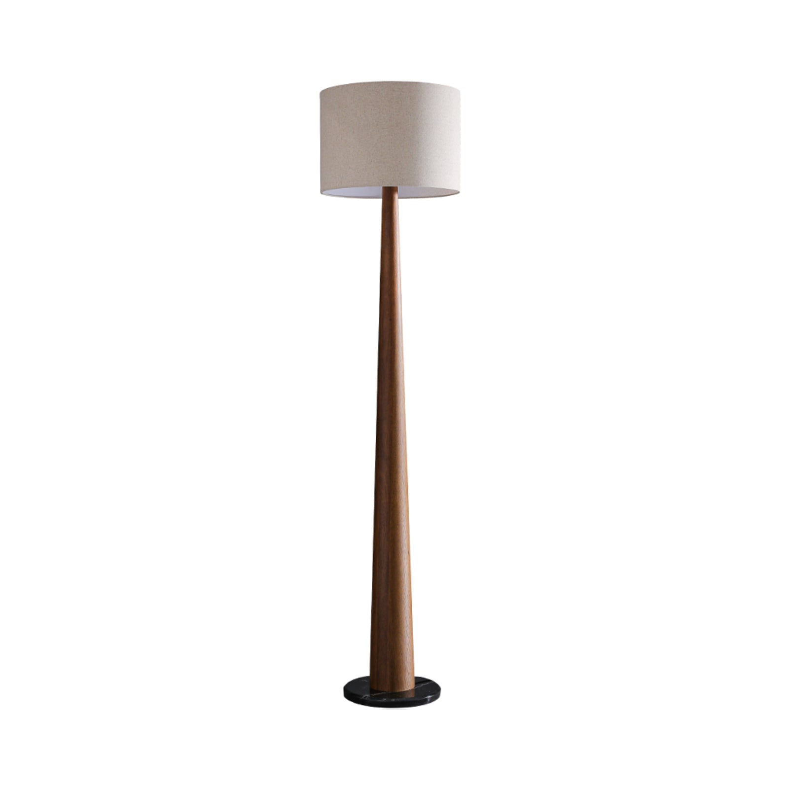 Zhanming Walnut Color floor lamp with pale drum shade, brown tapered column and dark round base on white