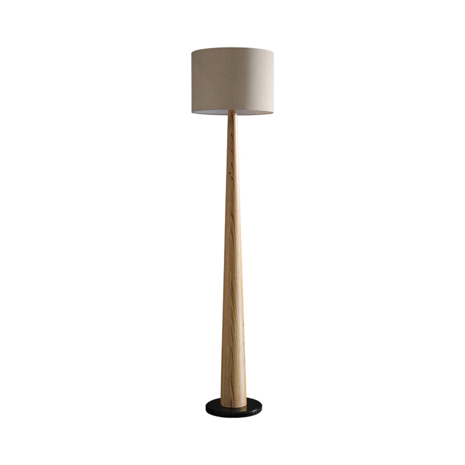 Zhanming Wood Color floor lamp with pale drum shade, tapered wood-grain column and dark round base on white