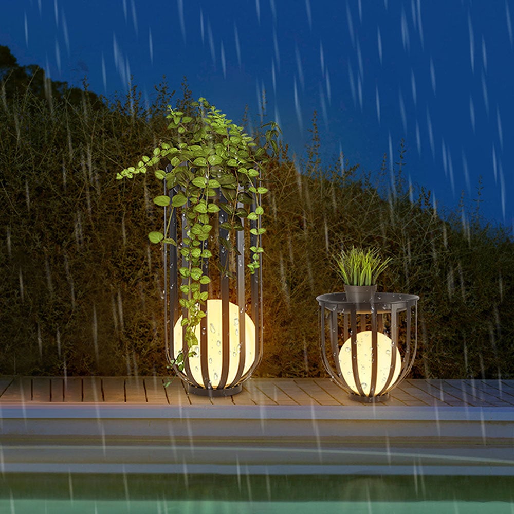 Illustrated rain scene with tall and broad illuminated cage lights and plants resting in their top trays