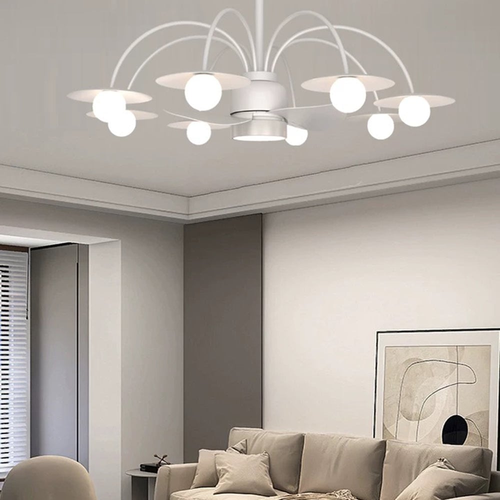 Carins fan light with illuminated globes in a living room