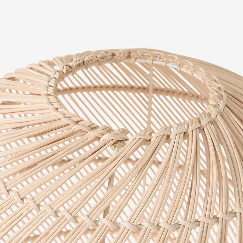 Close-up of open rattan lamp top rim, bound joints, pale strips and horizontal woven bands