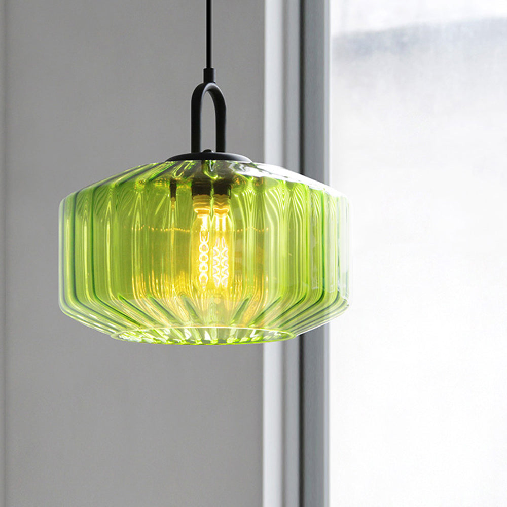 Green ribbed-glass pendant with a black loop-shaped fitting