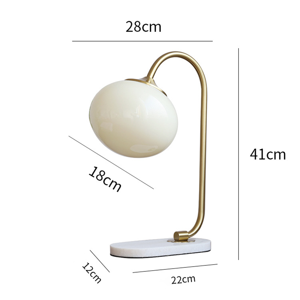 Gold-tone globe lamp guide labelled 41 cm high, 28 cm overall width, 18 cm shade and 22 by 12 cm oval base