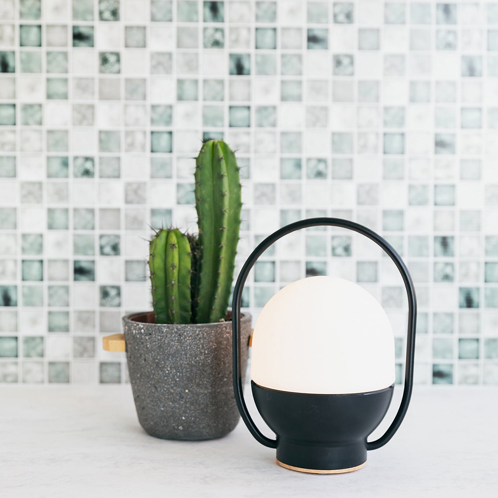 Compact table lamp and potted cactus on a counter