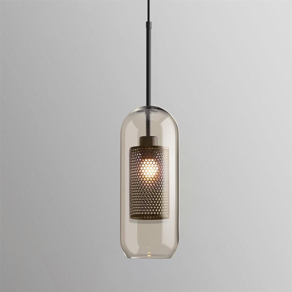 Chiswick Capsule pendant light with amber glass and a black perforated inner shade