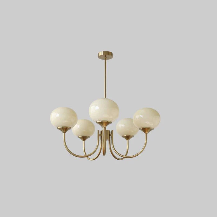 Five beige glass globe chandelier with gold-tone arms, a straight rod and round canopy