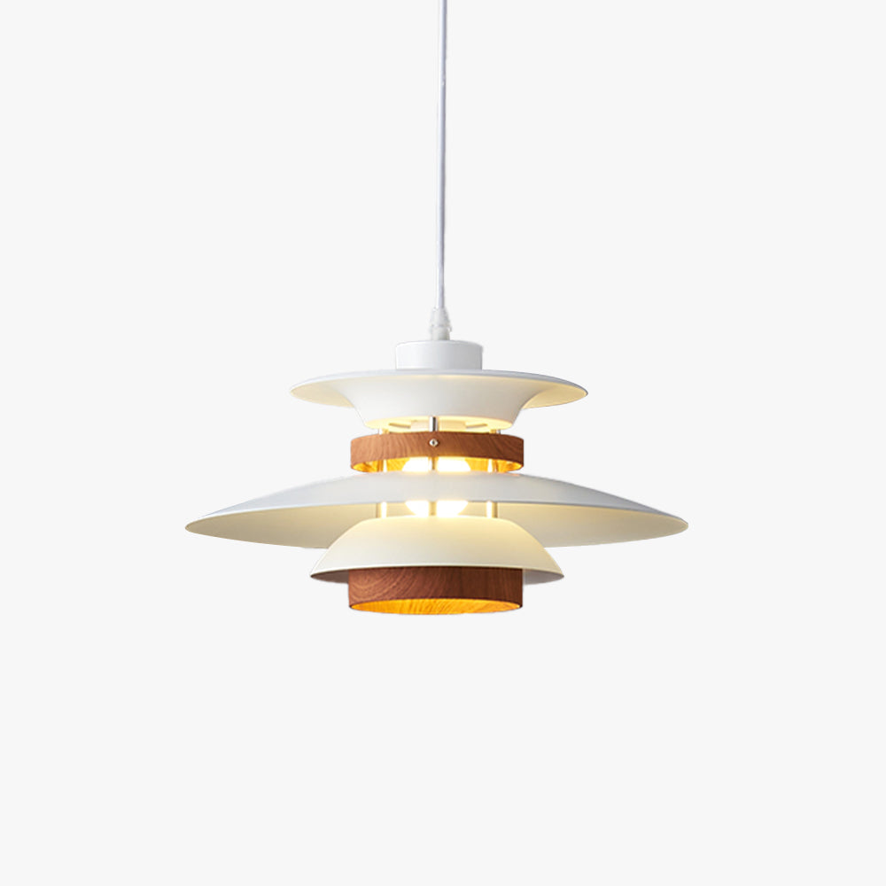 Single pale Morandi layered pendant with wood-tone upper and lower bands, lit on white cord against white background