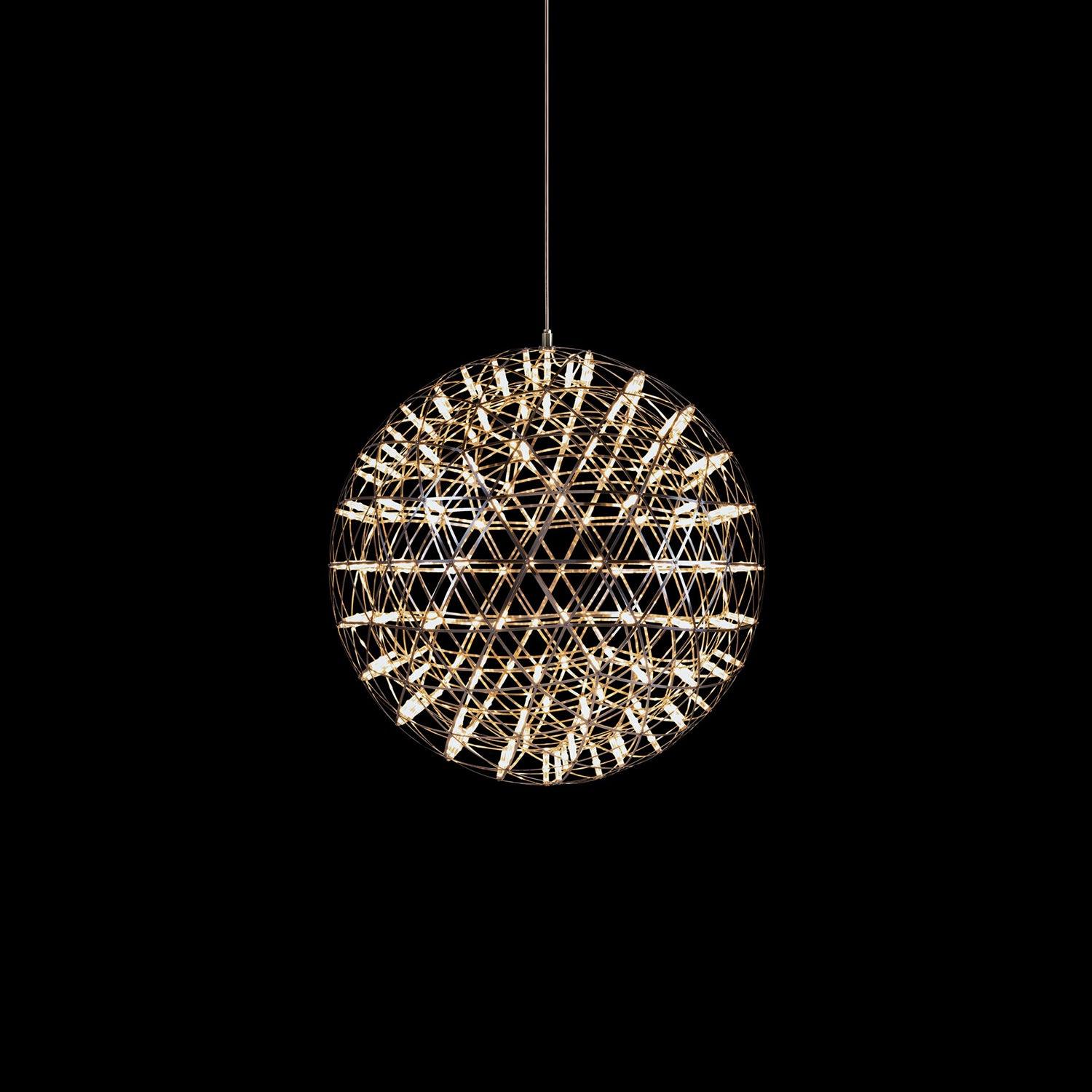 Illuminated silver lattice sphere suspended on a slim cord against a dark background