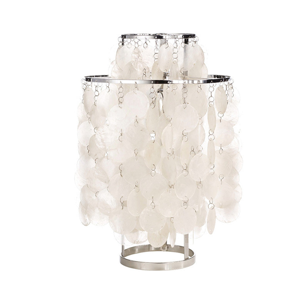 Isolated silver-toned lamp with two circular tiers of hanging shell discs and an open ring base