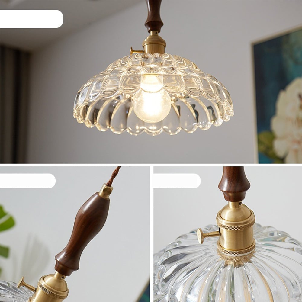 Contemporary Copper Glass Pendant Light with Wooden Handle - Cueteks
