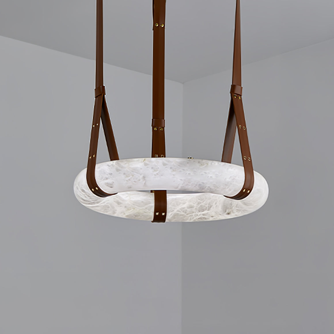 Horizontal white ring and three brown suspension straps in a room corner.
