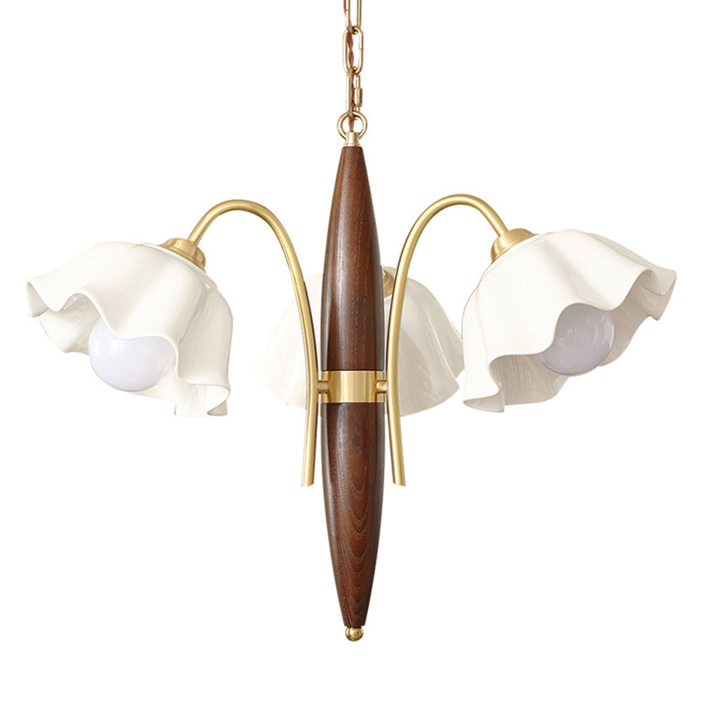 Vintage Ceramic Flower Shape Hanging Light Walnut Brass Chandelier - Cueteks