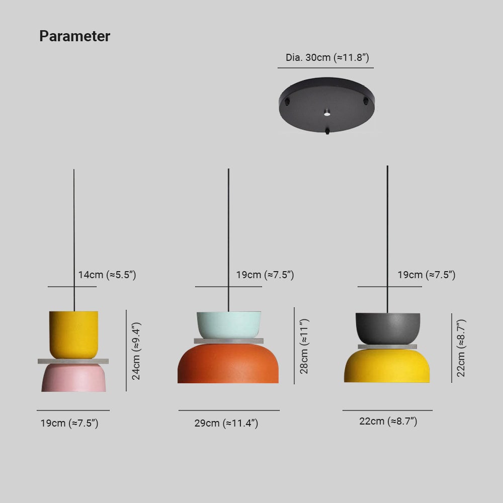 Parameter graphic with three body profiles labelled upper/lower diameters and height of 14/19/24, 19/29/28 and 19/22/22 cm, plus a 30 cm ceiling plate