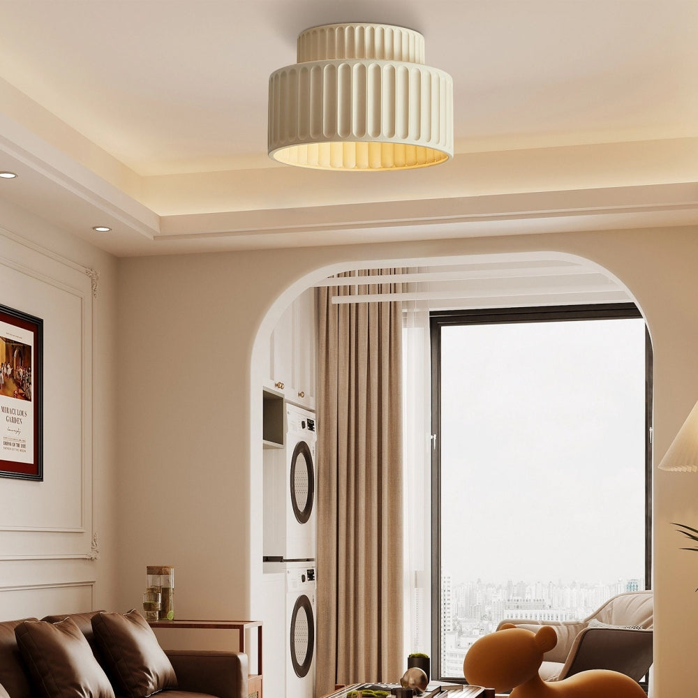 Vintage Cream Style Drum Semi Flush Mount Ceiling Lamp - Cueteks