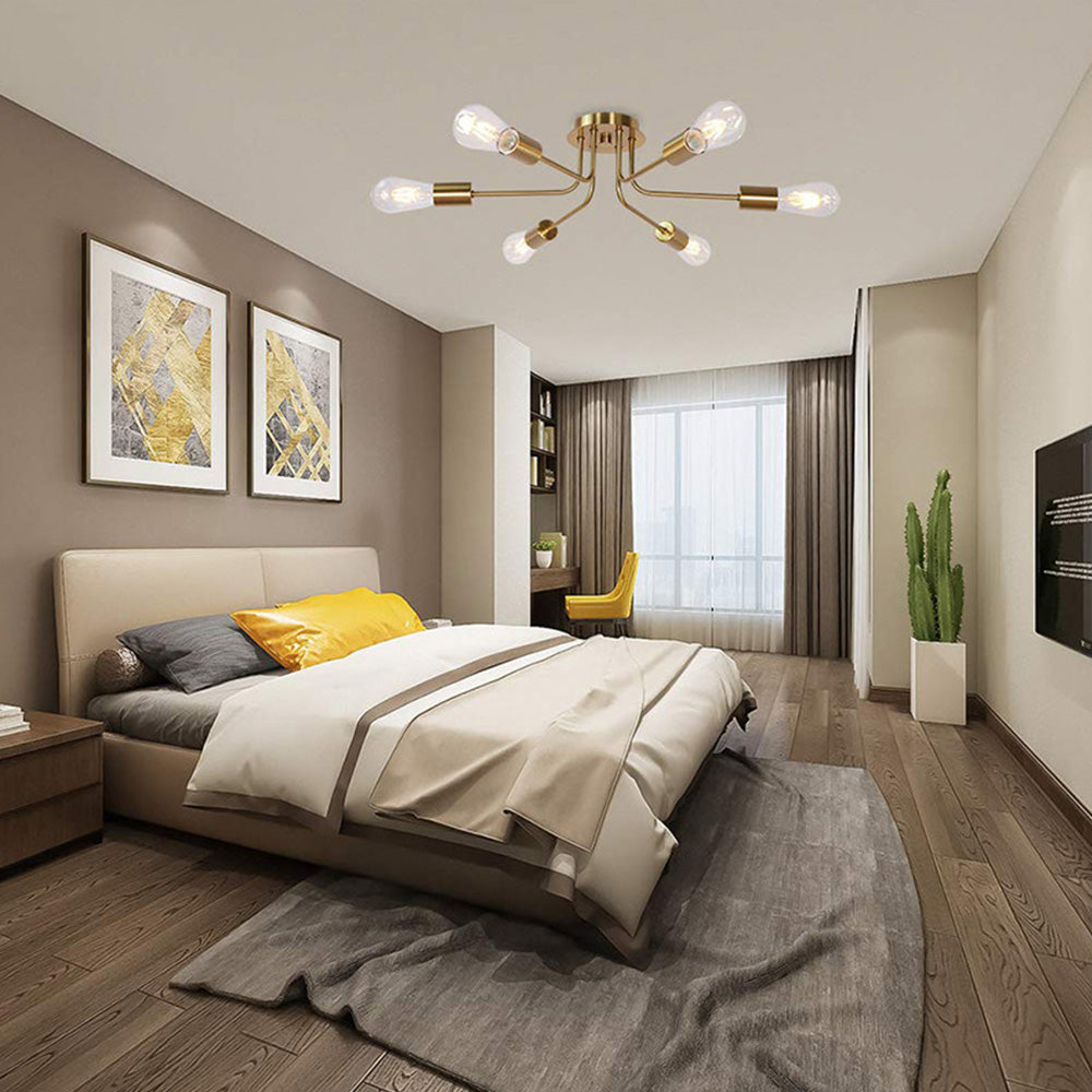 Modern 6-Light Gold Glass Semi Flush Chandelier - Cueteks