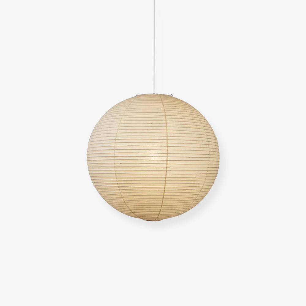 Isolated glowing paper globe on white with closely spaced ribs and a white cord