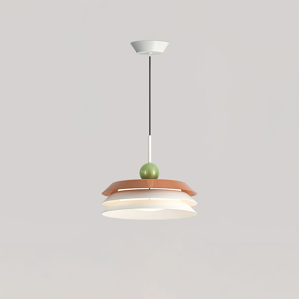 Morandi red-toned three-tier pendant with pale lower tiers and green sphere on straight suspension against grey