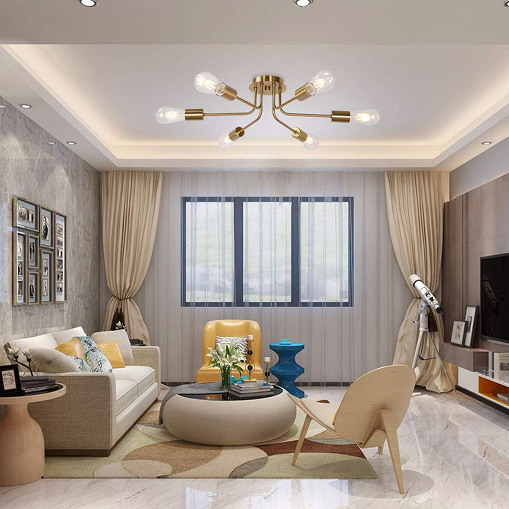 Modern 6-Light Gold Glass Semi Flush Chandelier - Cueteks