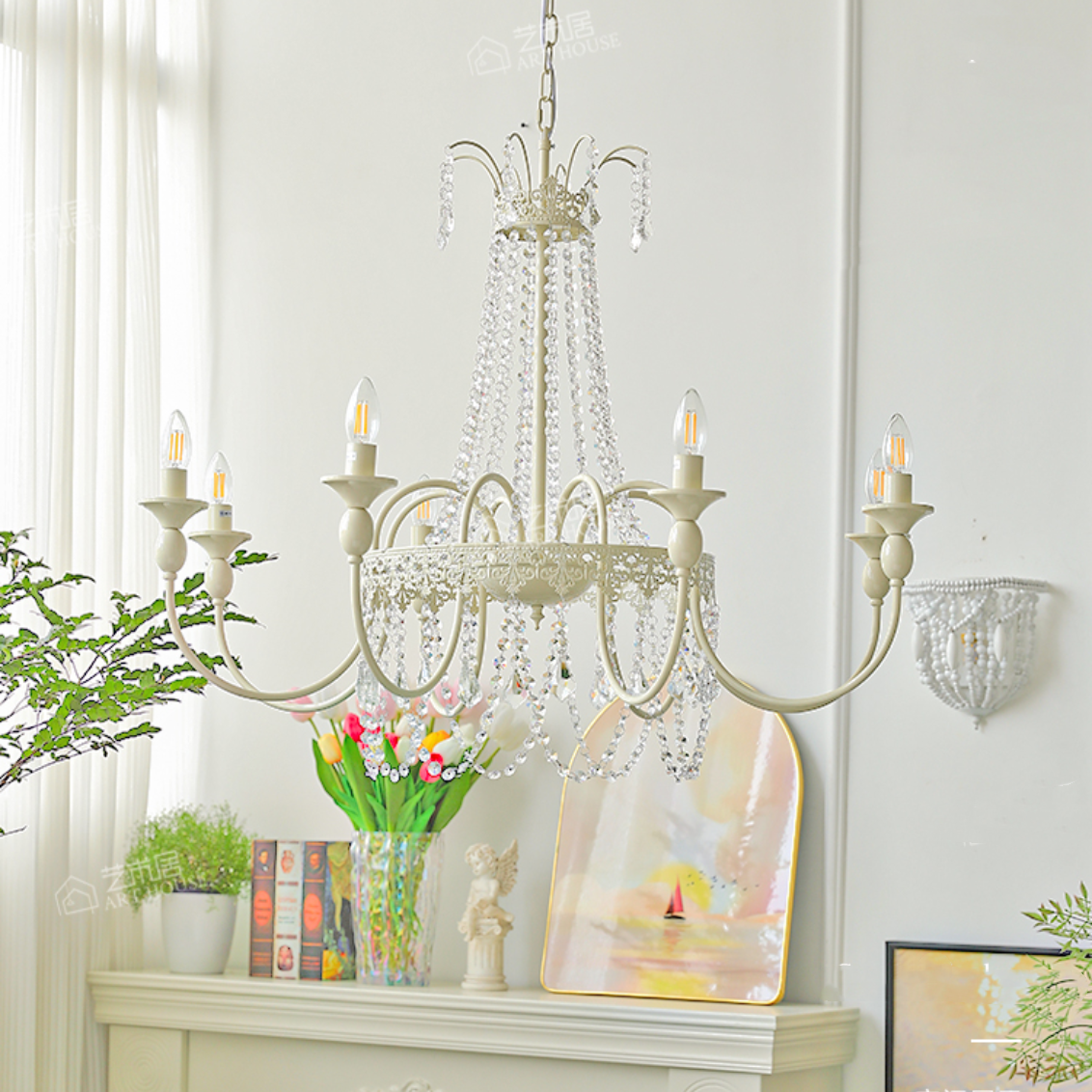 Vintage White Metal & Glass Luxury Chandelier Light - Cueteks