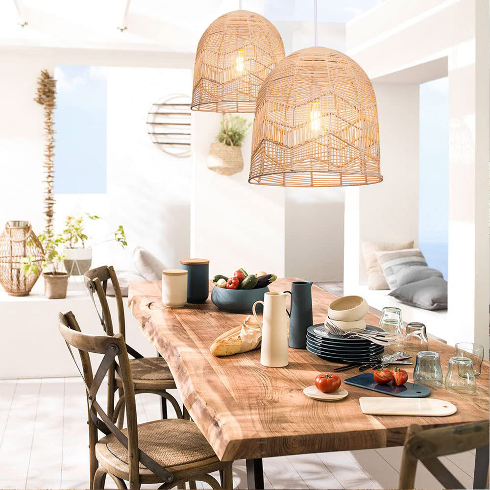 Vintage Handmade Basket Rattan Round Shades Pendant Light - Cueteks