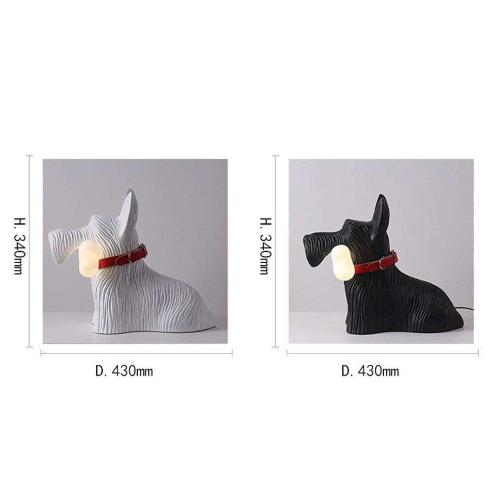 Black and white dog lamp side-profile diagrams, each labelled 340 mm high and 430 mm across the dog’s length
