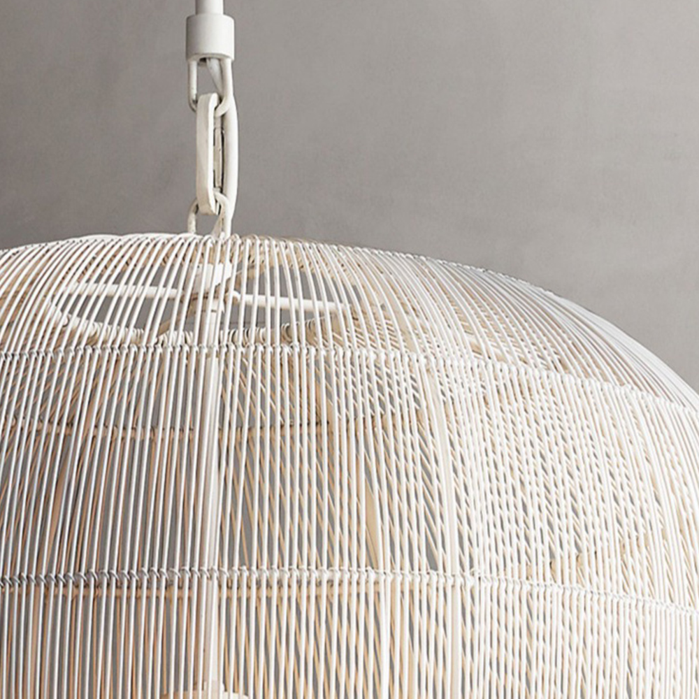 White rattan shade weave and upper hanging hardware detail