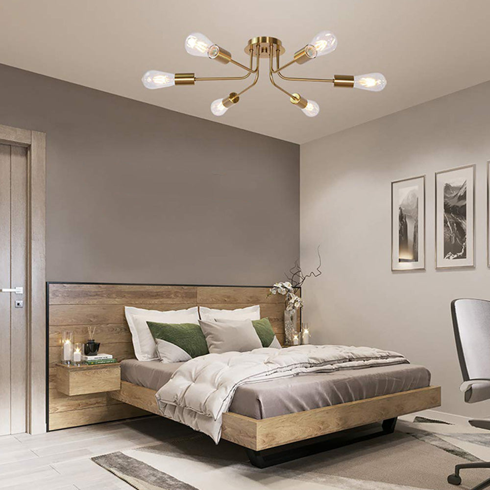 Modern 6-Light Gold Glass Semi Flush Chandelier - Cueteks