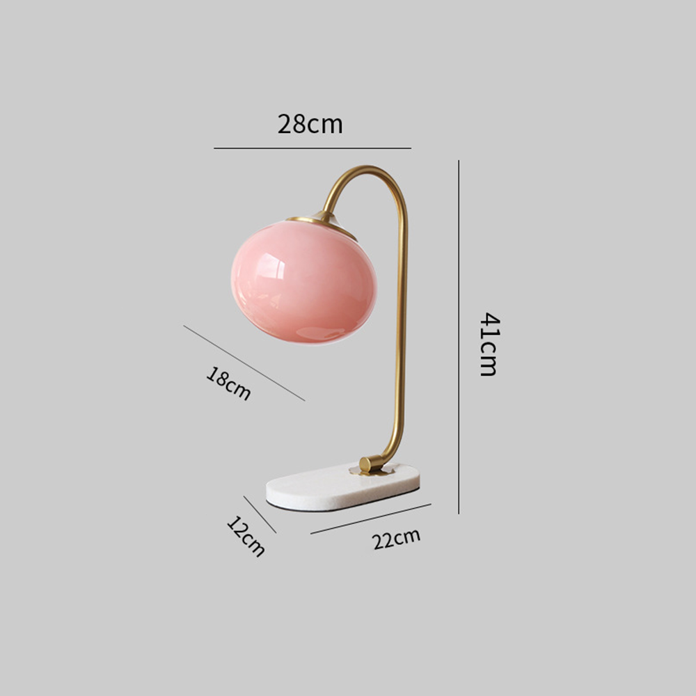 Pink and gold lamp size guide showing 41 cm height, 28 cm total width, 18 cm shade and 22 by 12 cm base