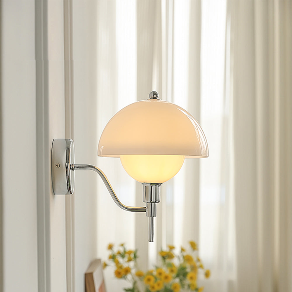Chrome and Beige glass mushroom lamp illuminated