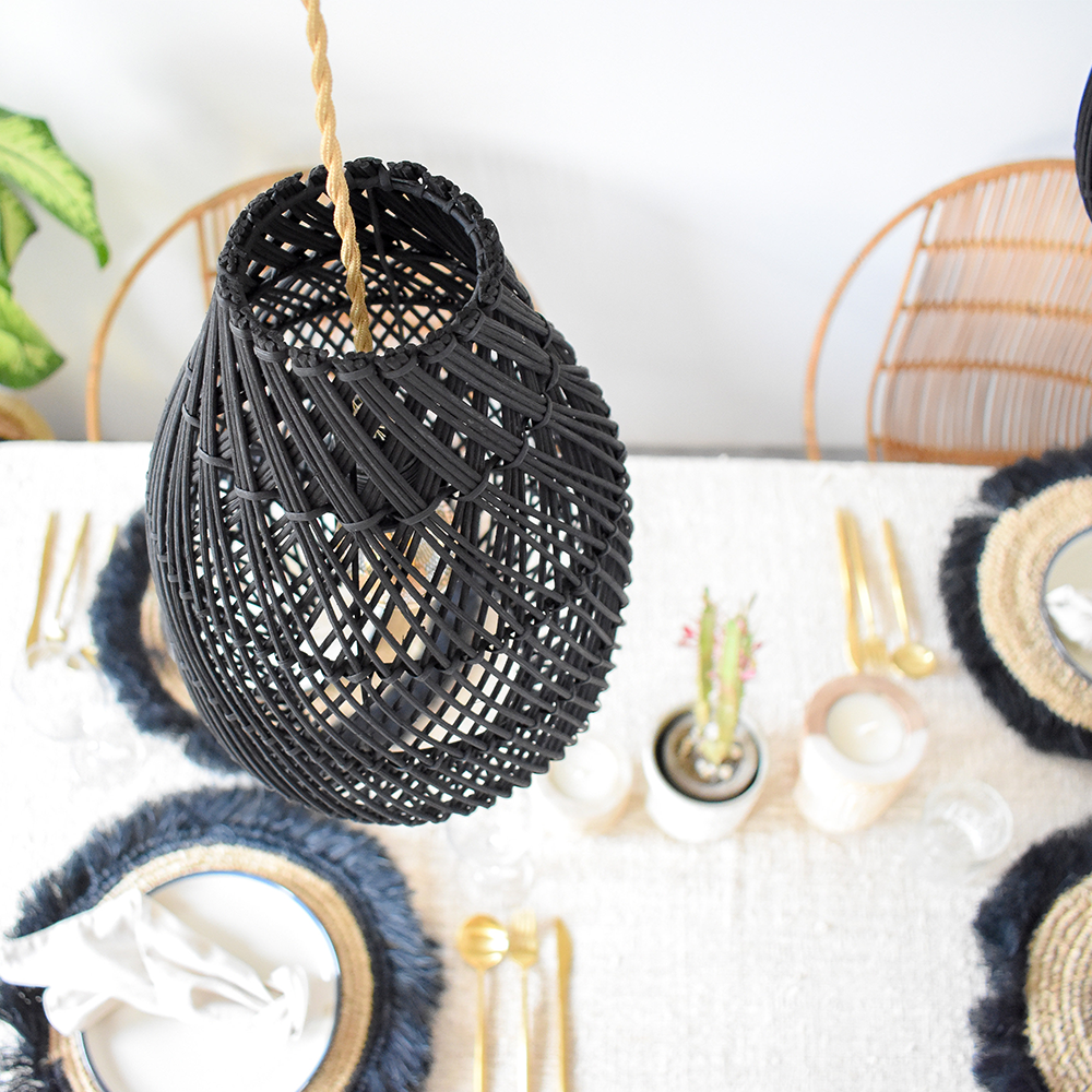 Classic Farmhouse Black Rattan Handwoven Pendant Light - Cueteks