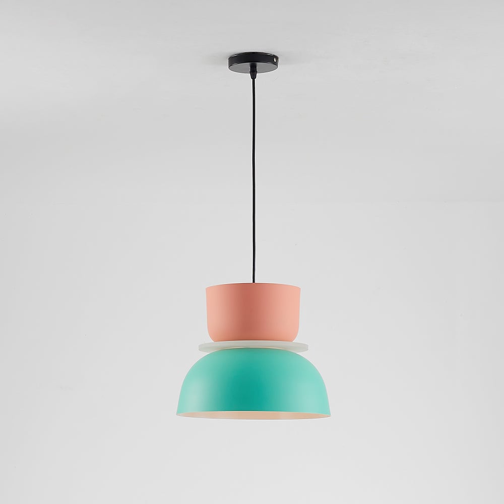 Complete pink-green pendant hanging from a black cord and round black ceiling canopy against a pale background