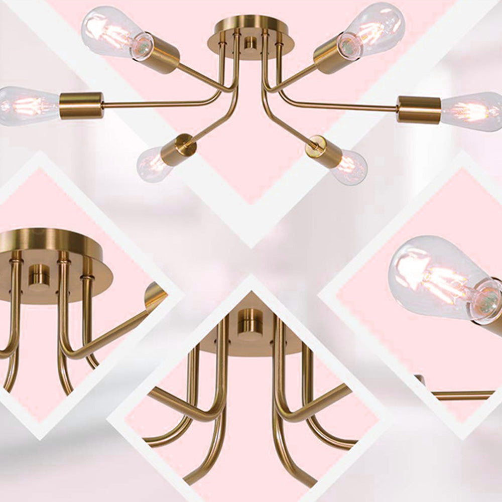Modern 6-Light Gold Glass Semi Flush Chandelier - Cueteks