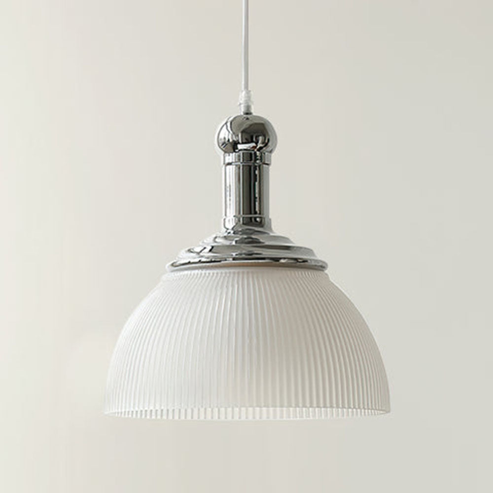 Vintage Glass Ribbed Chrome Pendant Light - Cueteks