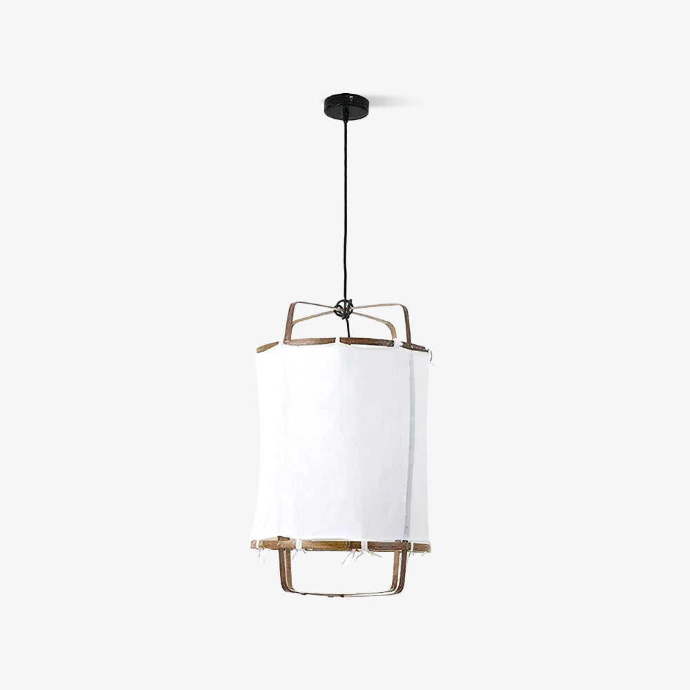 White cloth cylinder on exposed bamboo upper and lower loops with a black ceiling plate